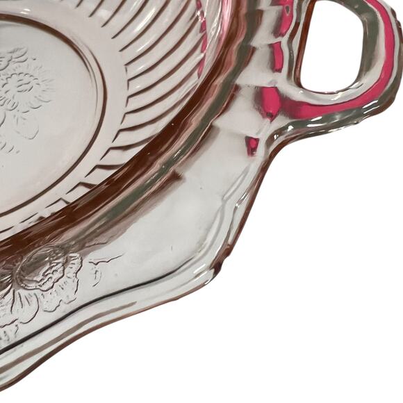 Vintage Pink Depression Glass Handled Bowl Floral Etched Centerpiece - Picture 12 of 16